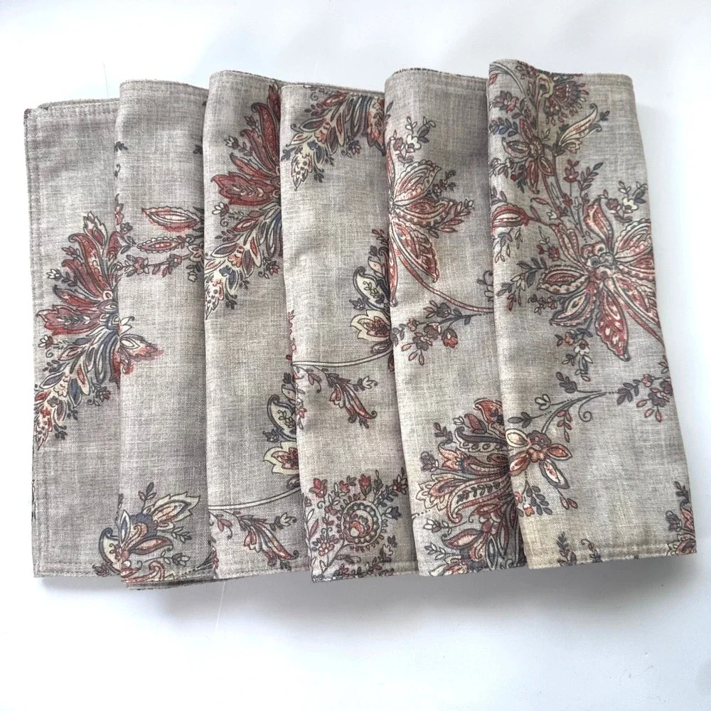 Set of 6 Paisley Fabric Placemat Neutral Earth Tones Linen Blend Farmhouse Decor